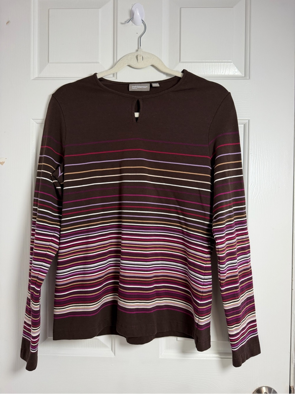 croft & barrow Brown Long-Sleeve Striped Tee with Pink Accents